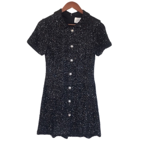 MABLE Anthropologie Black Sequin Mod Mini Dress Peter Pan Collar Party Small New - Picture 2 of 16